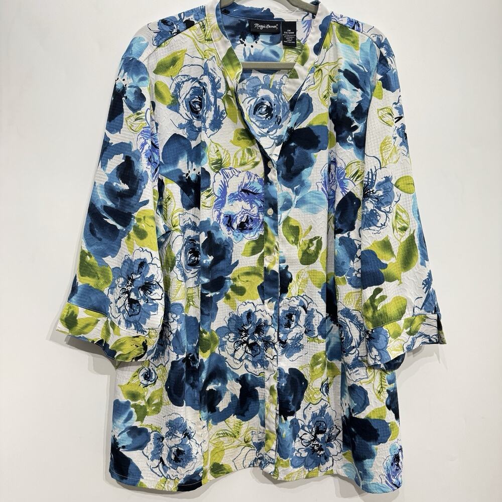 Maggie Barnes Garden Floral Button Front Shirt Sz 2X 22/24W Blue Multi Casual